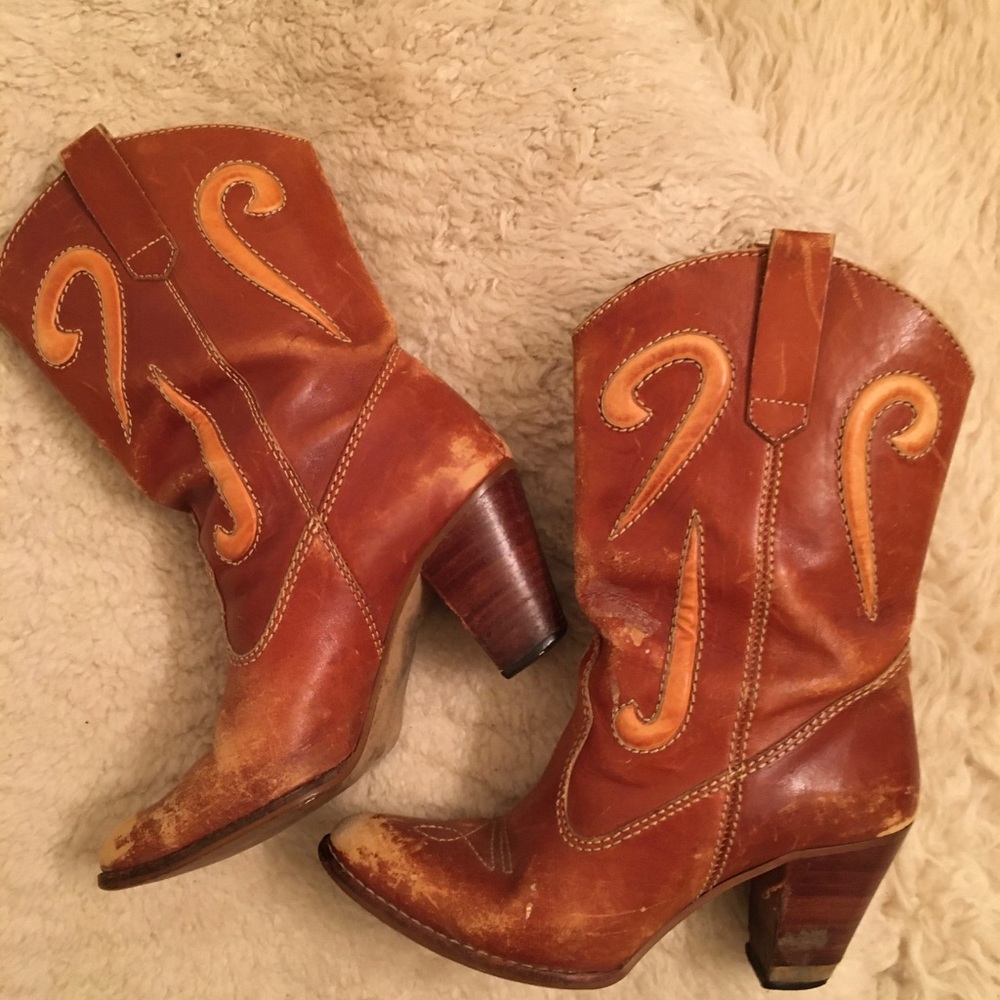 Vintage 1970s Women’s Stitched Brown & Tan with High Stacked Wood Heel